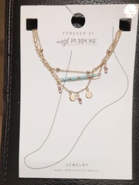 Forever 21 Gold-Tone Layered Anklet with Blue and Pink Beads